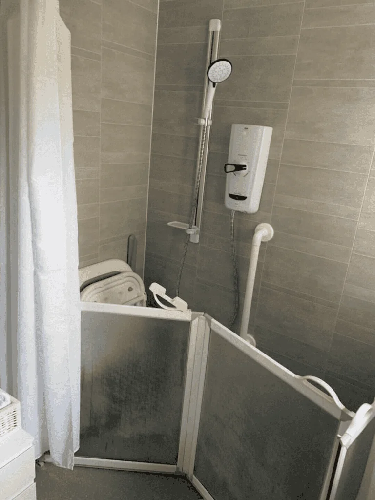 Accessible shower with seat and handlebars in modern bathroom