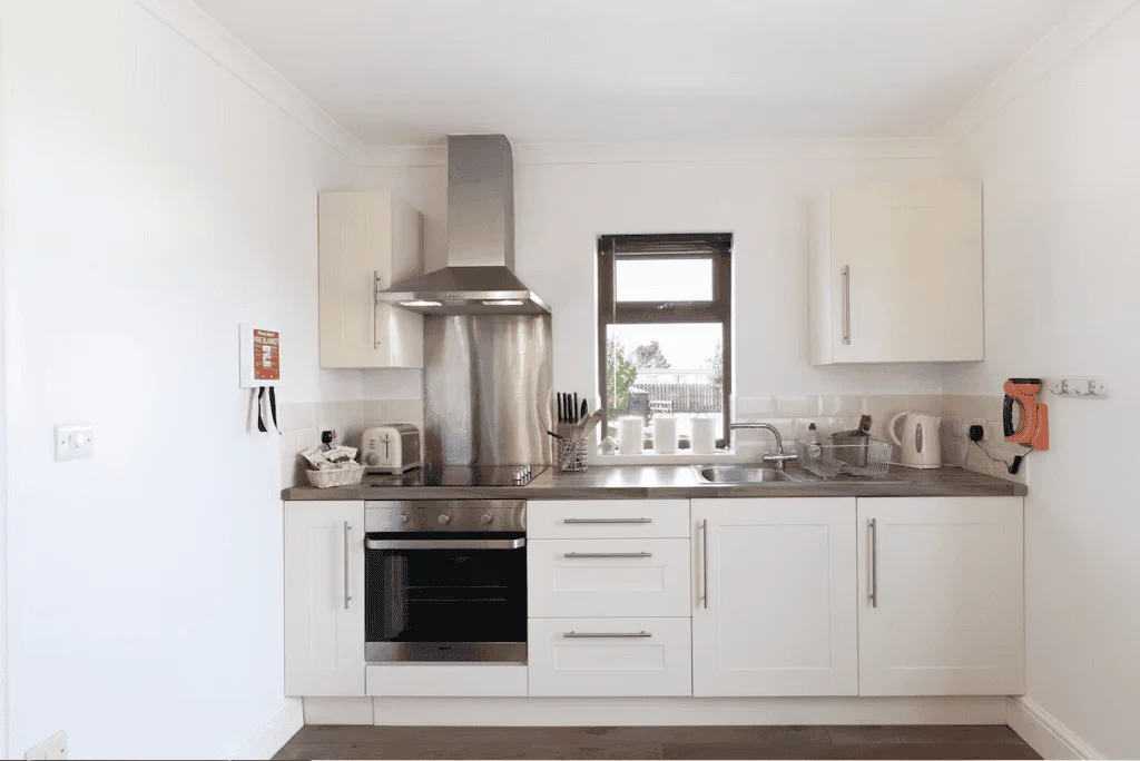 Modern kitchen with white cabinets and stainless appliances