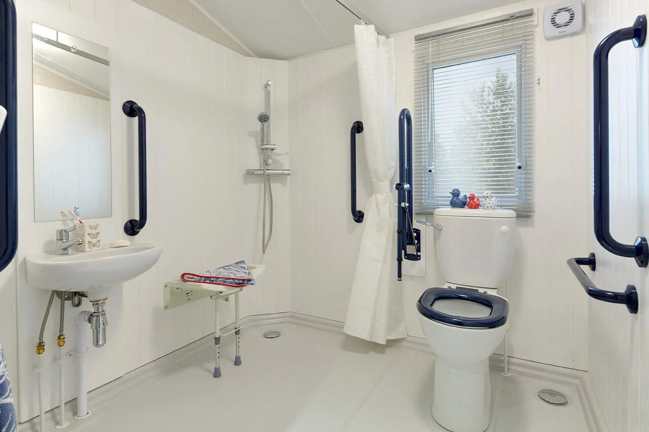 Accessible bathroom with safety rails and shower