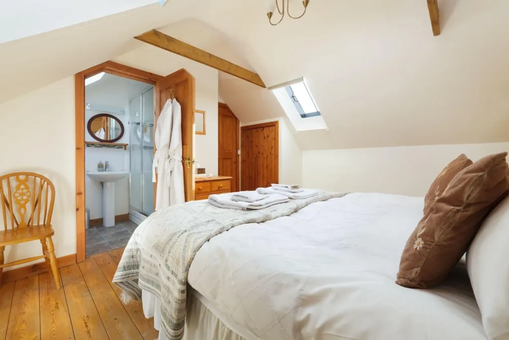 Cozy bedroom with exposed beams and adjoining bathroom