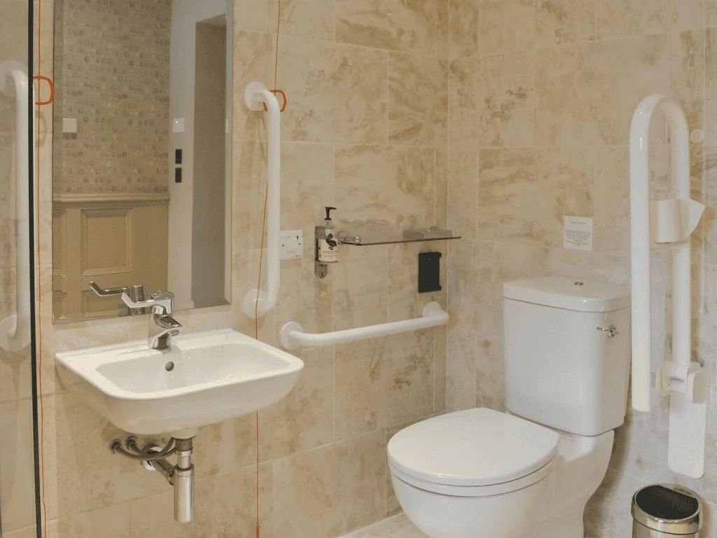 Accessible bathroom design with support bars and modern fixtures