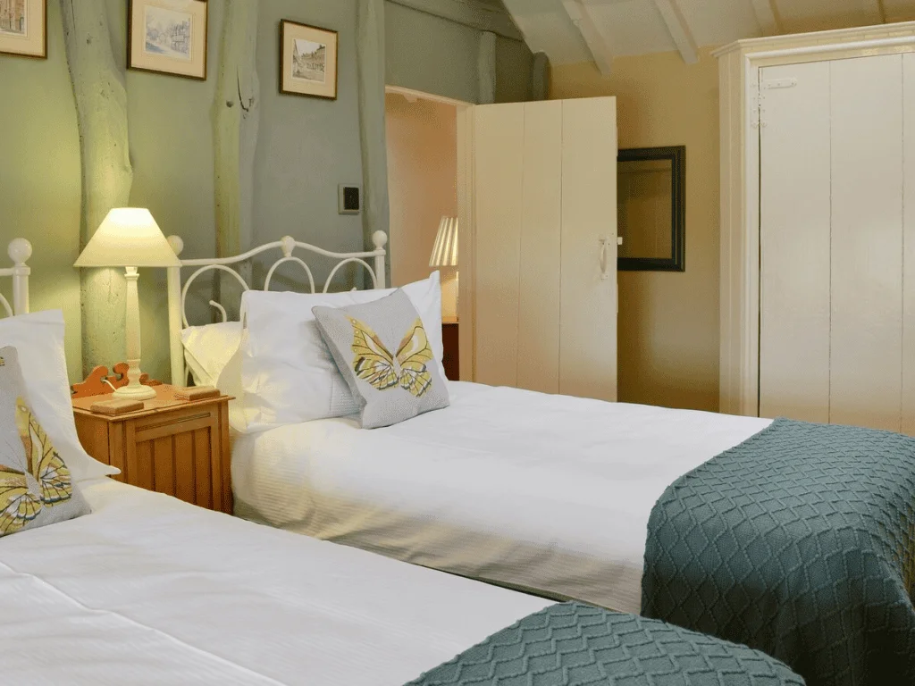 Cozy well-lit bedroom with two twin beds and decor