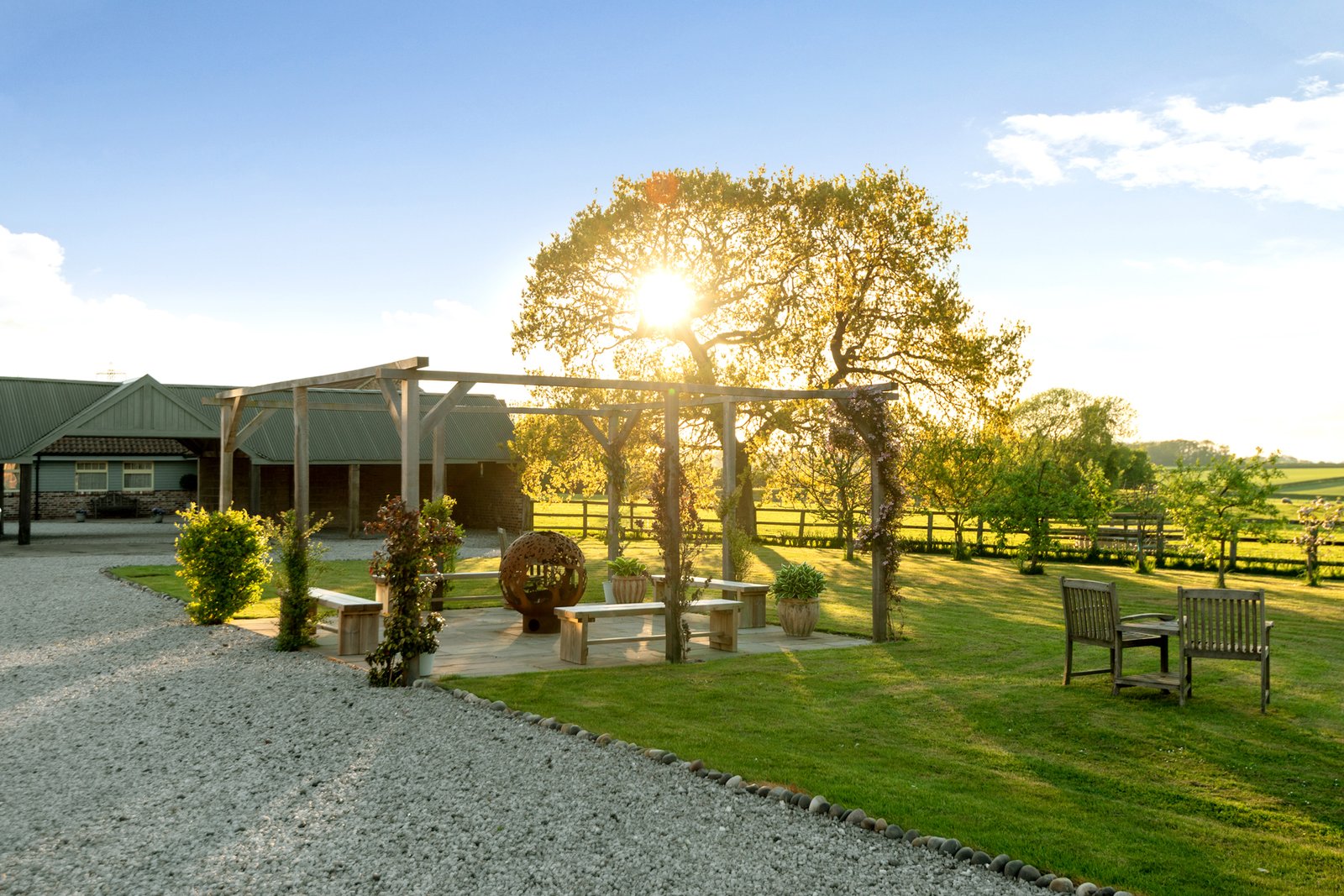 Tranquil countryside garden with sunlit tree and seating.