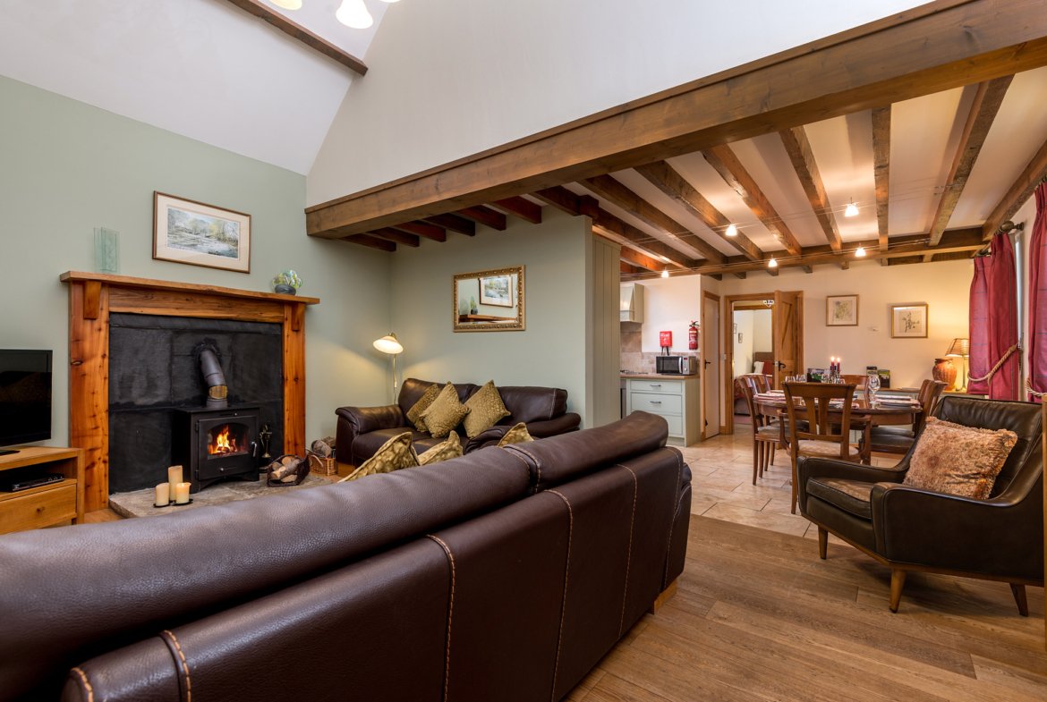 Cosy living room with fireplace and wooden beams.