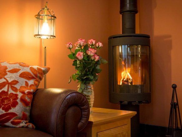 Cosy room with fireplace, flowers, and lamp.