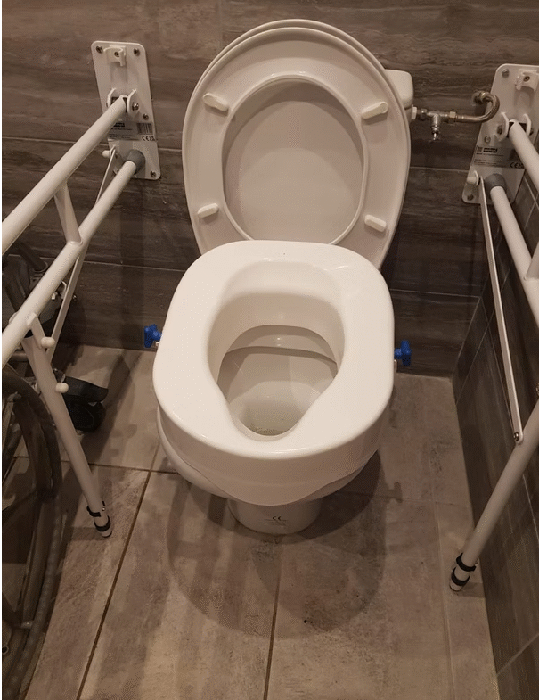 Accessible toilet with support bars.