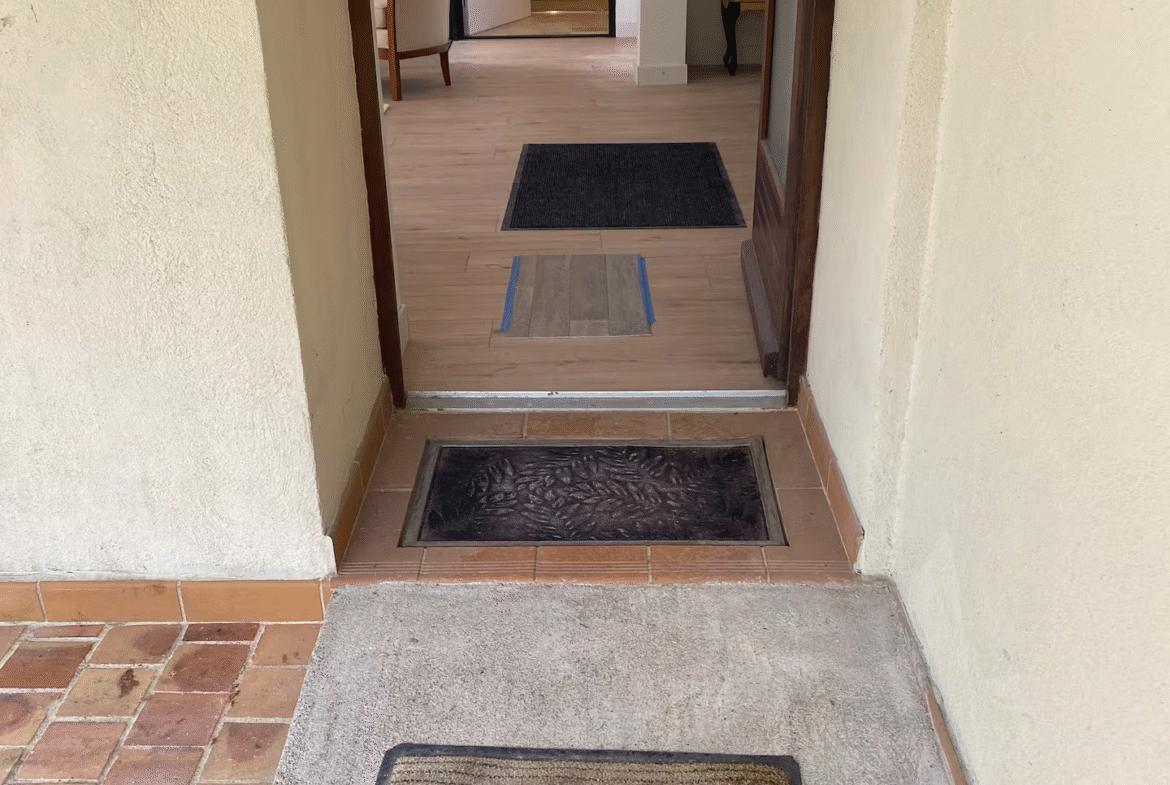 Entranceway with multiple doormats leading to open door.