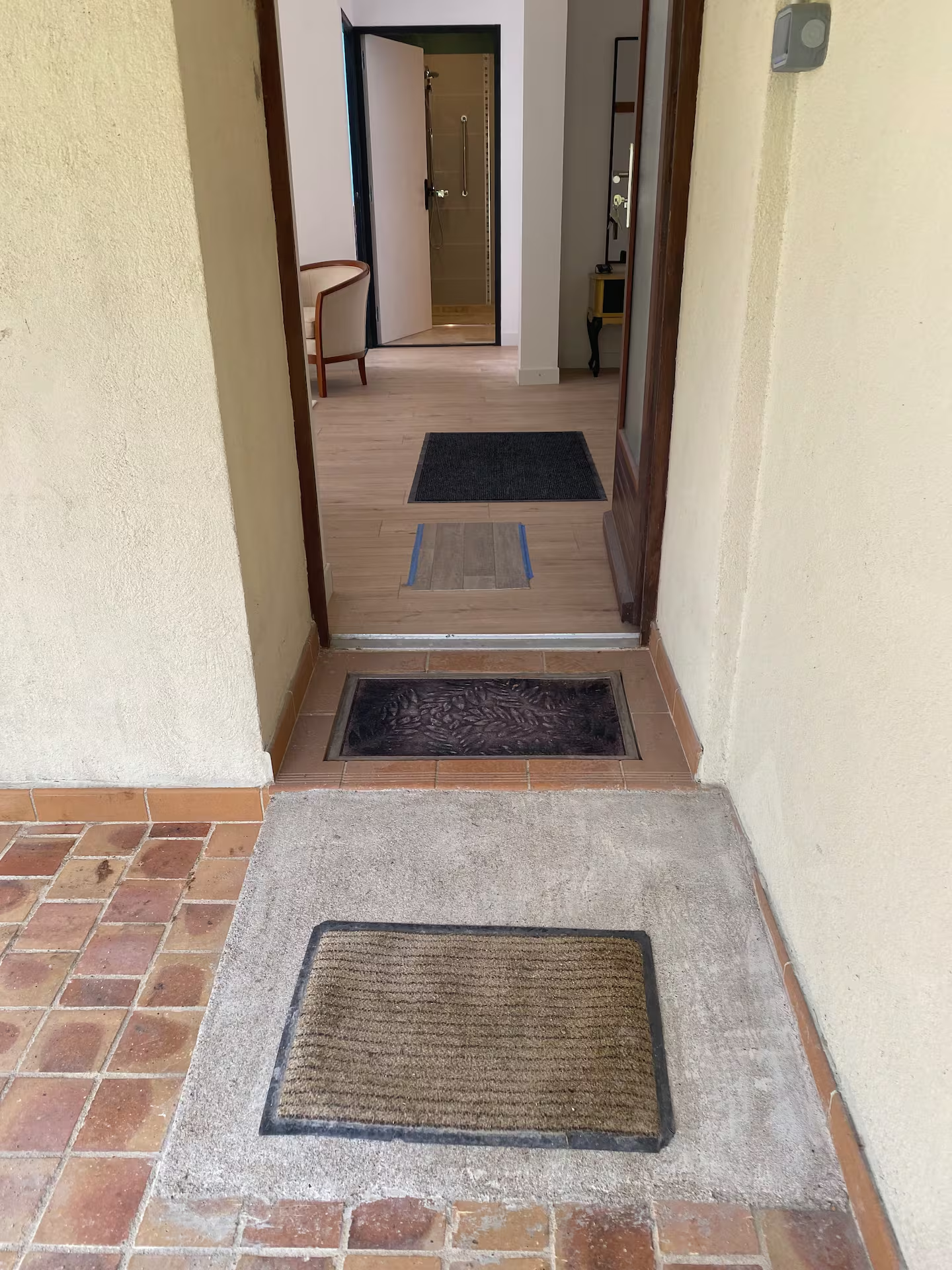 Entranceway with multiple doormats leading to open door.