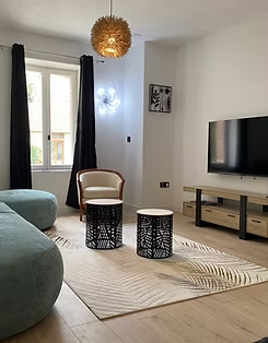 Modern living room with TV and stylish furniture.