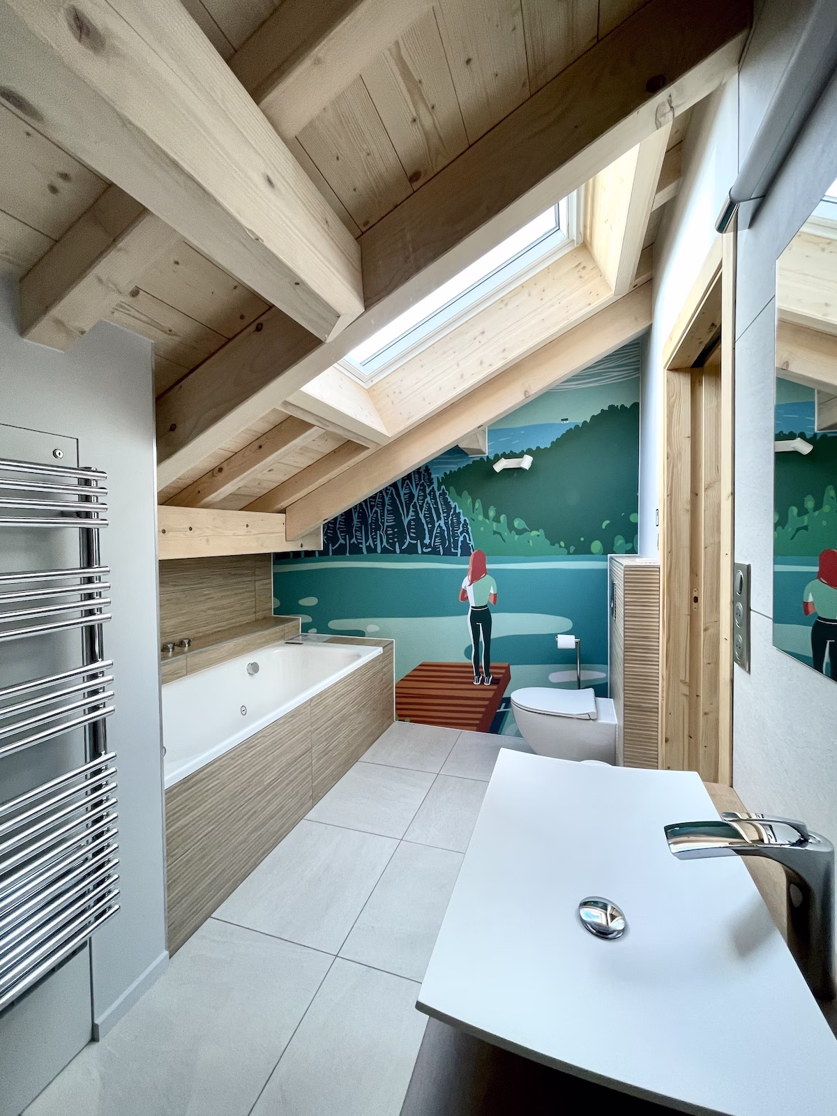 Modern bathroom with skylight and nature mural