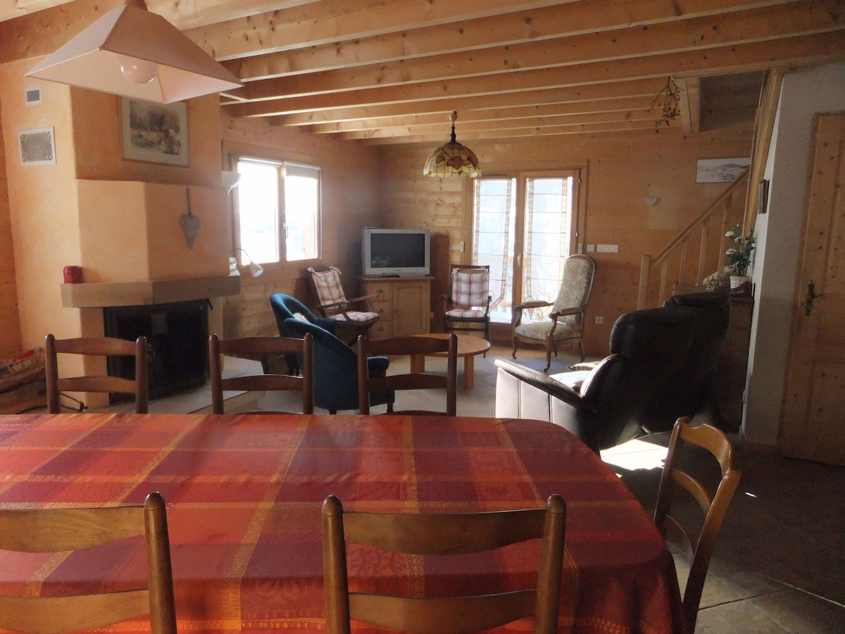 Cosy wooden living room with fireplace and television.