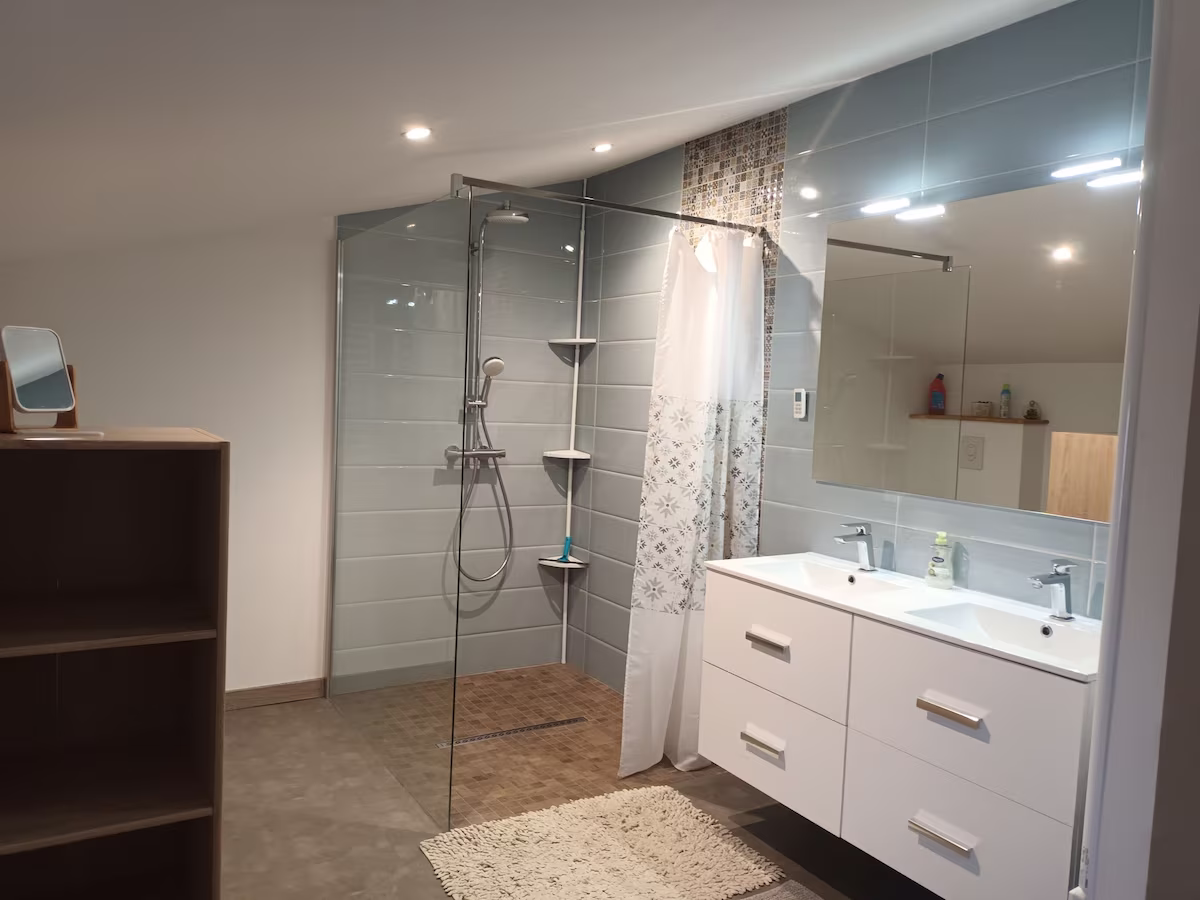 Modern bathroom with glass shower and double sinks.