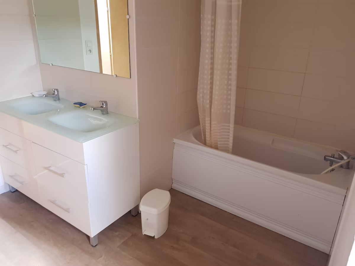 Modern bathroom with double sink and bathtub.