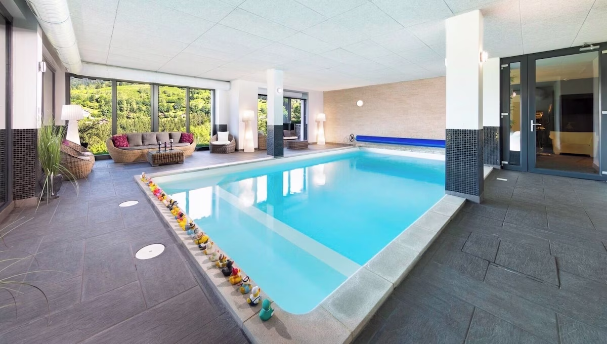 Indoor swimming pool with scenic garden view.