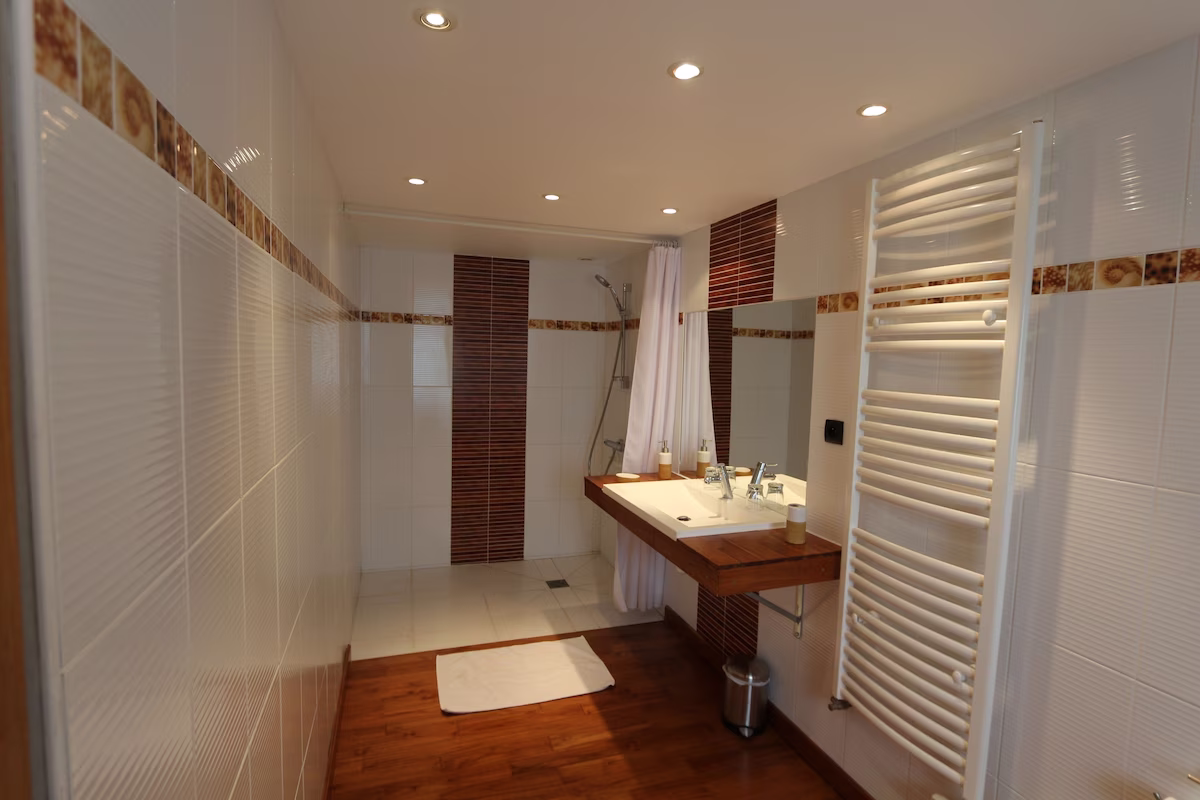Modern bathroom with walk-in shower and towel heater.